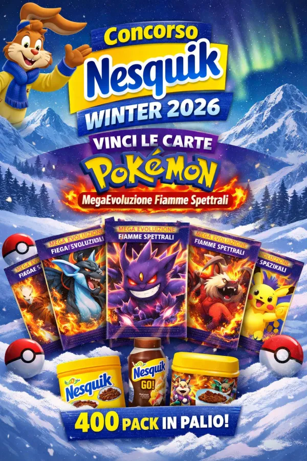 Concorso Nesquik Winter 2026: vinci carte collezionabili Pokémon MegaEvoluzione Fiamme Spettrali